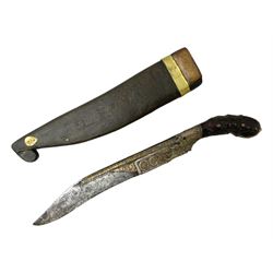 19th century Singhalese knife pia kaetta, the 20cm steel blade inset with yellow and white metal, with metal mounted carved pistol grip, in plain wooden scabbard L33cm overall