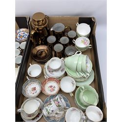 Quantity of ceramics to include copper lustre studio pottery coffee wares, Paragon tea cups and saucers decorated with gilt and floral sprays and other ceramics in two boxes