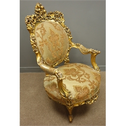  Large French Rococo style giltwood open armchair, moulded frame pierced and carved with foliage and scrolls, brocade upholstered seat and back, on cabriole legs, H120cm   