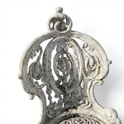 Pair of white painted cast metal garden chairs, ornate reclined backs, circular pierced seats on cabriole legs