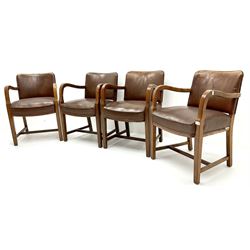 Set four mid century oak framed boardroom chairs, upholstered back and seat, shaped arms, square tapering supports joined by stretchers