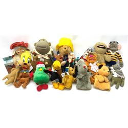 Twenty-one TV and film related and promotional soft toys including Sooty and Sweep hand puppets, Captain Pugwash, Muppets, Yogi Bear, Popeye, Paddington Bear, Zippy, Roland Rat etc