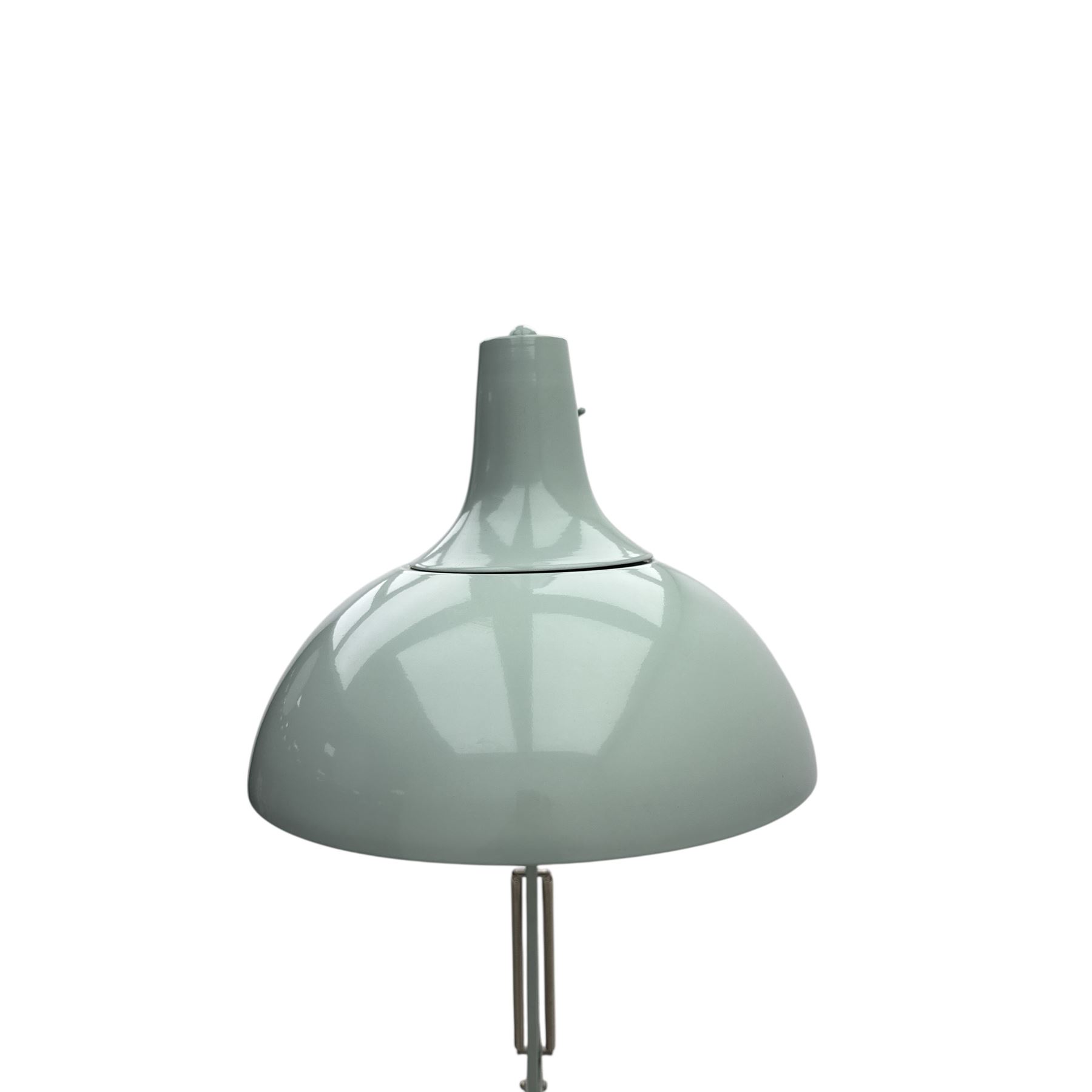 Contemporary Anglepoise-style industrial floor lamp, pale blue painted domed metal shade on adjustable double arm with tension springs, set on a weighted circular base