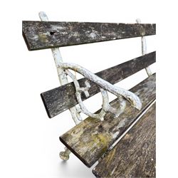 Early 20th century three section cast metal and wood slatted garden bench