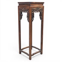 Chinese style hardwood open latticework plantstand, square top ove latticework spandrels raised on square supports united by stretchers