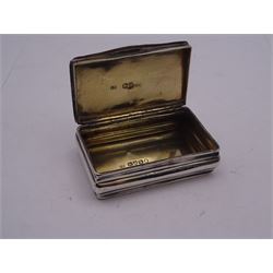 George III silver snuff box, of rectangular form with foliate engraved panel to hinged cover and underside of body, opening to reveal a gilt interior, hallmarked London 1813, makers mark I.B, W6.5cm, approximate 1.86 ozt (57.6 grams)
