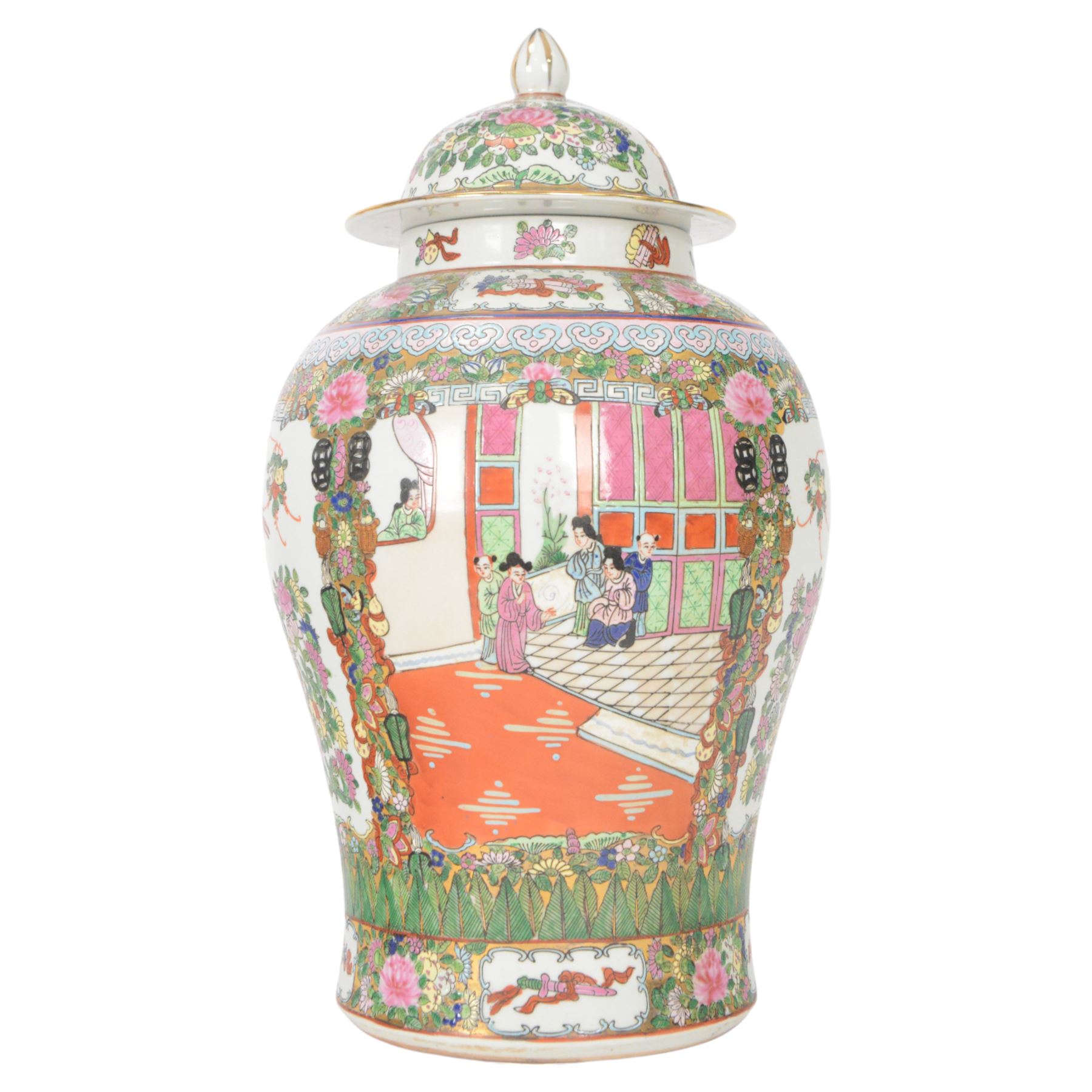 Chinese Canton famille rose vase and cover, of baluster form decorated with figural and floral scenes, within a gilt border, H50cm 