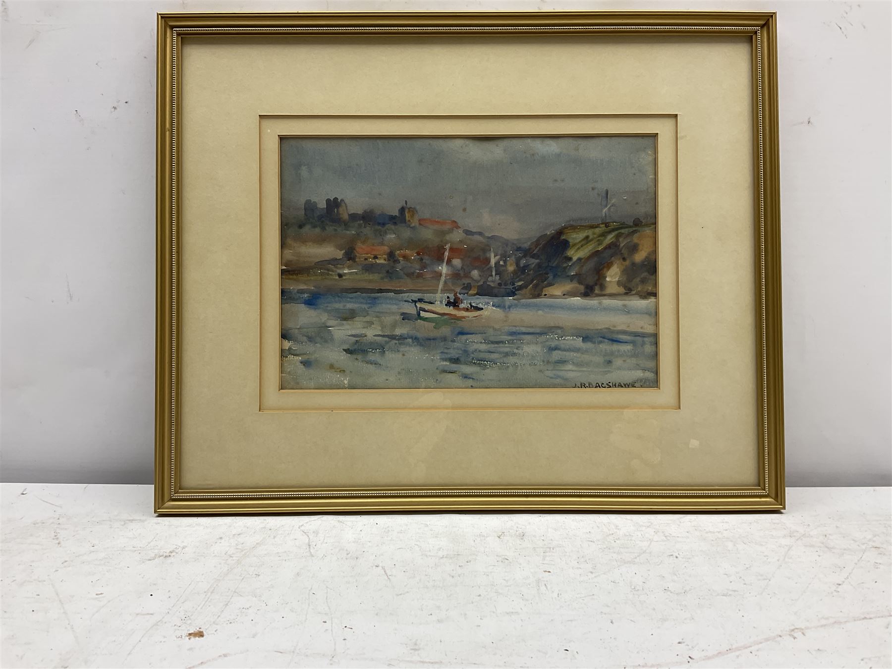 Joseph Richard Bagshawe (Staithes Group 1870-1909): Fishing Coble off Whitby with the Abbey in the distance, watercolour signed 16cm x 23.5cm
Provenance: acquired direct from the trustees of the Bagshawe Estate when the final part of the artist's studio collection was dispersed in Whitby in the 1990s
