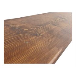 Victorian stained pine fire surround, projecting cornice with dentil moulding, panelled frieze and chamfered uprights on block supports