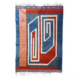 20th century Anatolian Turkish indigo ground rug with Art Deco inspired abstract design in...