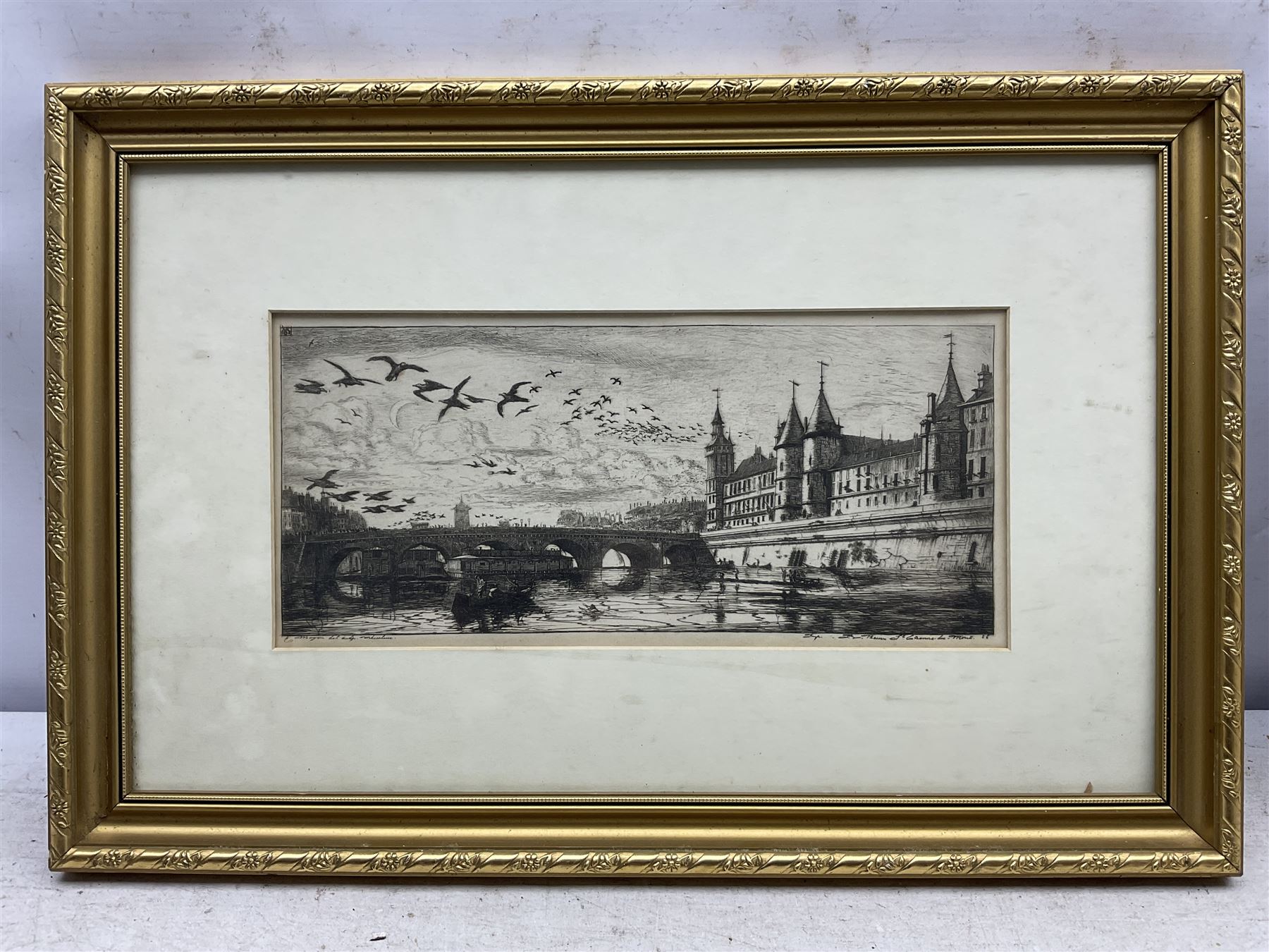 Charles Meryon (French 1821-1868): Le Pont-au-Change (The Exchange Bridge) - Paris, drypoint etching inscribed in the plate 14cm x 32cm