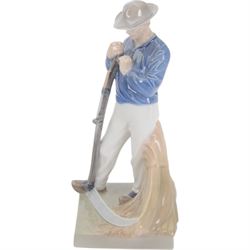 Six Royal Copenhagen figures, including shepherd with dog no 782, Farmer with scythe, no 685, Girl with Goose, no 527, and Boy with Geese, no 2139 etc 