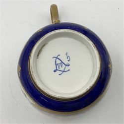 19th Sèvres style porcelain cup and saucer, the cup painted with a figural scene, against a scalloped border of scrolling floral swags on a blue ground, together with a Sèvres soft paste porcelain coffee can and saucer, painted with panels of exotic birds, roses and a border of cornflowers, LL monogram enclosing date letters H above painters mark, coffee can H6.5cm, saucer D13.5cm (2)