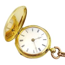 19th century French 18ct gold full hunter key wound cylinder ladies fob watch, the inner dust cover engraved 'Chs Oudin Bte Palais Royal 52 No. 16239..', white enamel dial with Roman numerals, guilloche blue enamel and diamond outer case, eagle hallmark, with gold split seed pearl bow brooch