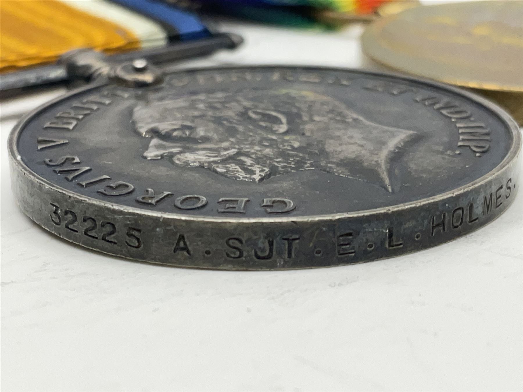 WW1 Military Medal KIA group of four comprising MM, British War Medal, 1914-15 Star and Victory Medal awarded to 32225 Pte. (later A.Sjt.) E.L. Holmes R.A.M.C., the MM inscribed 28F/A R.A.M.C.; all with ribbons; together with photocopied research material including newspaper article with presentation photograph, CWGC certificate,  London Gazette entry etc