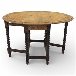 19th century oak country tables, comprising a oak country tripod table, circular top on a turned baluster stem issuing three cabriole supports with pad feet (H 71cm, Dia 80cm) carved oak gate leg table, the rectangular drop-leaf top decorated with foliate carving, raised on turned legs united by stretchers, with gate leg action (H 71cm, W 73cm, D 44cm)
