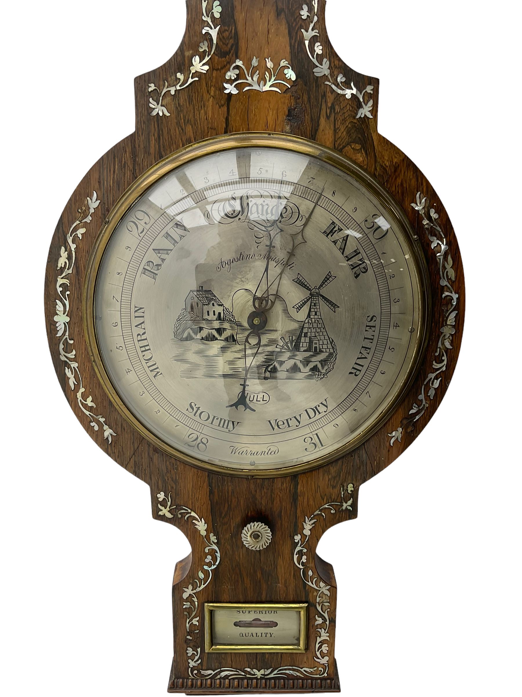 A Victorian rosewood mercury barometer with a swan’s neck pediment and
