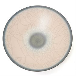 David James White (British 1934-2011): crackle studio pottery footed bowl in peach and grey, impressed marks to base, D29cm 