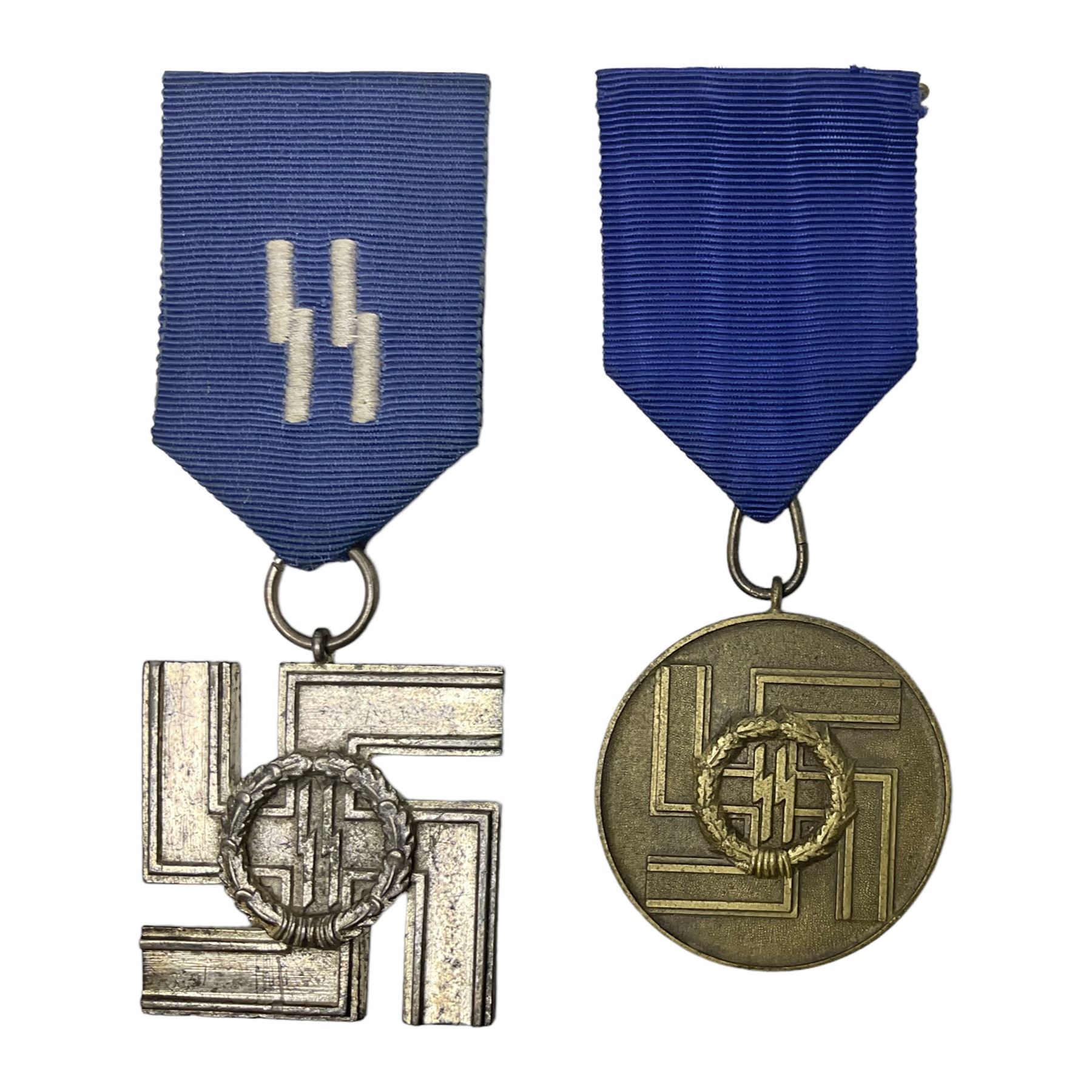 Two post-WW2 copies of German 'SS' Long Service Awards - bronze 8-year medal and silvered 12-year medal; both with ribbons (2)