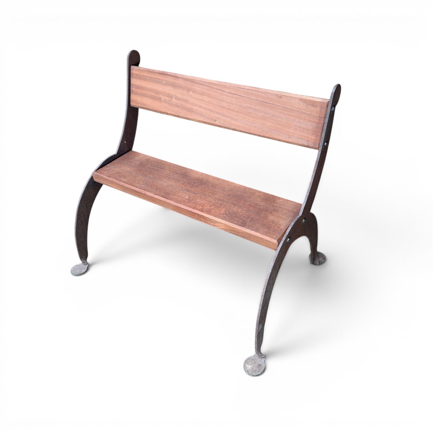 Corten steel industrial minimalism garden bench, sapele hardwood plank seat and backrest, unfinished steel with stained timber