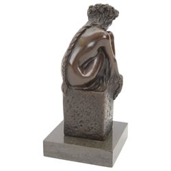 Bronze Virgo figure, modelled as a nude female with floral wreath and holding knees to her chest, signed Pino to base, upon marble plinth, H24cm 