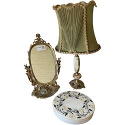 Onyx and gilt table lamp with olive green shade, H43cm, gilt brass swing oval mirror and agate box with mother of pearl inlay floral decoration 