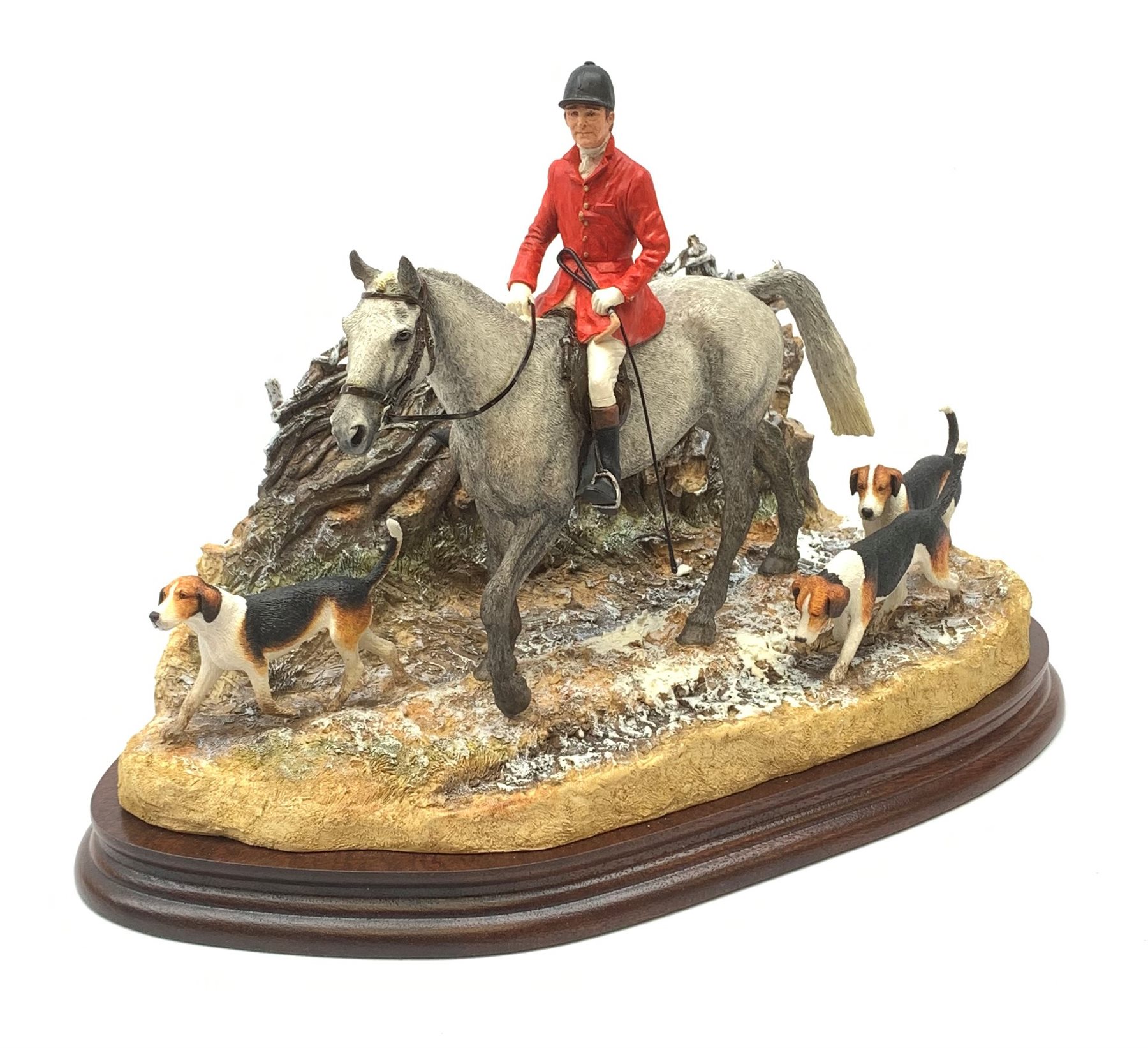 A limited edition Border Fine Arts figure group, Boxing Day Meet, Grey, model no B0876A by Anne Wall, 41/950, on wooden base, figure L33cm, with accompanying certificate. 