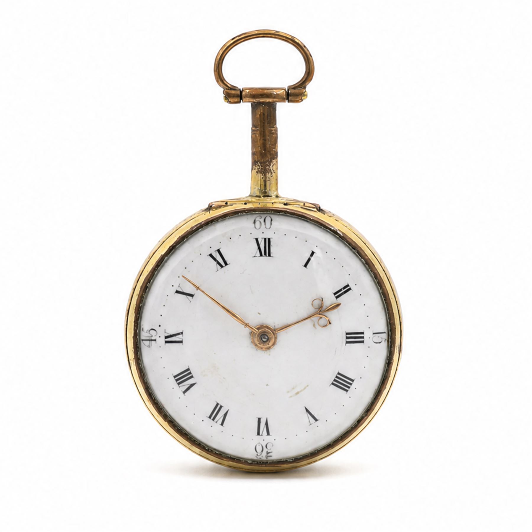 George III gilt pair cased verge fusee pocket watch by Thomas Lyon, London, No. 1902, engraved balance cock decorated with a mask, white enamel dial with Roman numerals and bull's eye glass