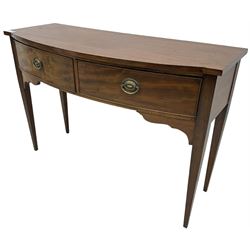 19th century mahogany bow-front console table, fitted with two cock-beaded drawers, shaped brackets over square tapering supports