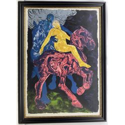 Lin Jammet (British 1958-2017): 'The Fall of Desaix', screenprint signed dated '97 and inscribed 'GSL I' (Gresham Studio Ltd) in pencil with Gamma blindstamp 115cm x 79cm 
Notes: Jammet was the son of artist Dame Elisabeth Frink (1930-1993) and French architect Michel Jammet (1921-1972). He first started printmaking during the 1970s with family friend Julian Trevelyan (1910-1988), and went on to produce prints with Curwen Chilford and Gresham Studio.