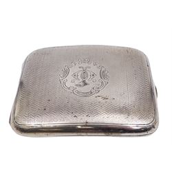 Edwardian silver cigarette case, of rectangular form with engine turned decoration throughout and engraved cartouche to front cover, hallmarked Colen Hewer Cheshire, Chester 1906, H8.6cm
