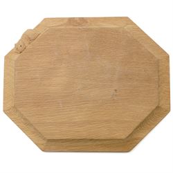 Mouseman - adzed oak bread board of canted rectangular design with carved mouse signature ...