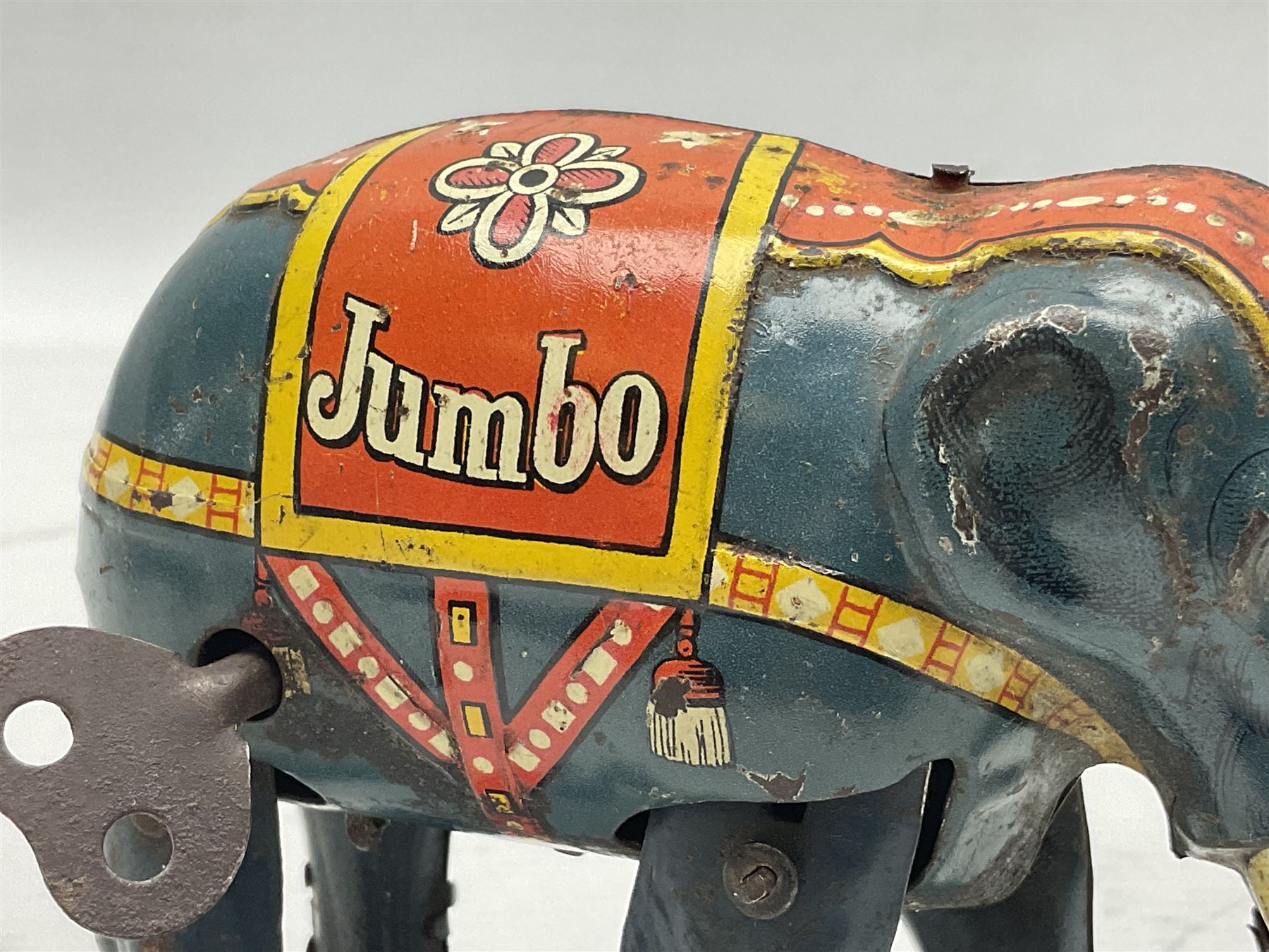 German Blomer and Schuler 'Jumbo' Elephant clockwork tinplate figure, marked 'D.R.P. DRGM Made in Germany', complete with key H9.5cm