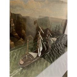 Large early 20th century diorama with three waterline sailing vessels at sea, two named 'Annie' and 'John', with painted background of a rocky coastal scene, in hardwood display case with glazed front and sides and rope twist beading W119cm H61cm D49cm