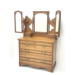  Edwardian satin walnut dressing chest, triple bevelled mirror back with two trinket drawers, the chest fitted with two short and two long drawers, on bracket feet, W99cm (chest width), H152cm (including mirror), D48cm  
