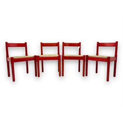 Vico Magistretti - mid-20th century circa. 1970s set of four beech framed dining chairs in red finish, with drop-in rush seats
