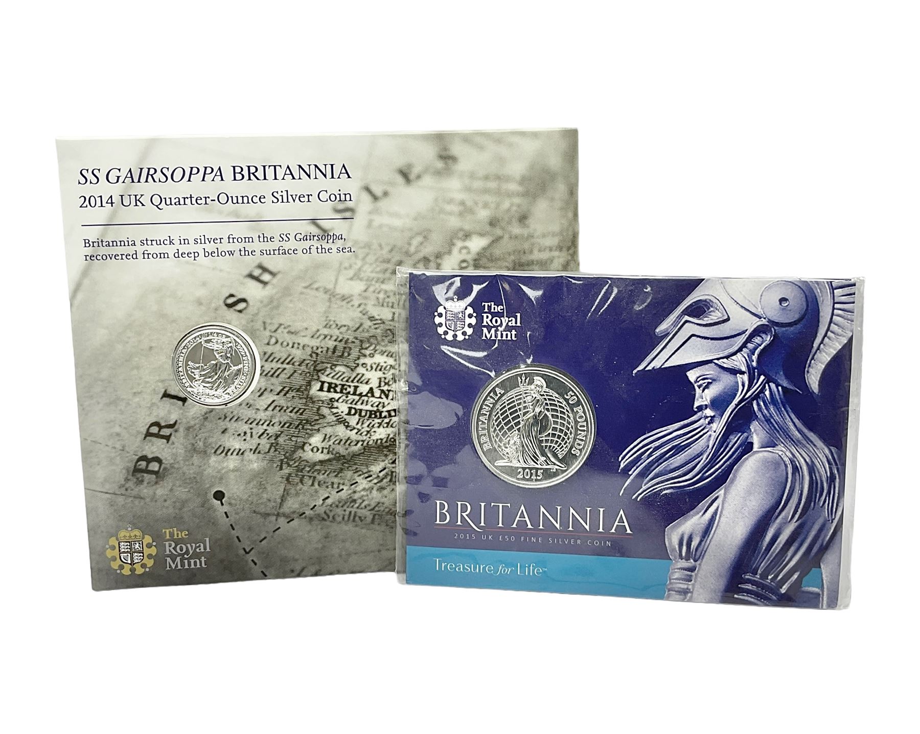The Royal Mint United Kingdom 2014 'SS Gairsoppa Britannia' fine silver quarter ounce coin in card folder and 2015 'Britannia' fine silver fifty pound coin on card