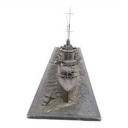  HMS Exeter, Waterline wartime metal model upon a wooden base, circa 1939-45, H24cm, L82cm  
