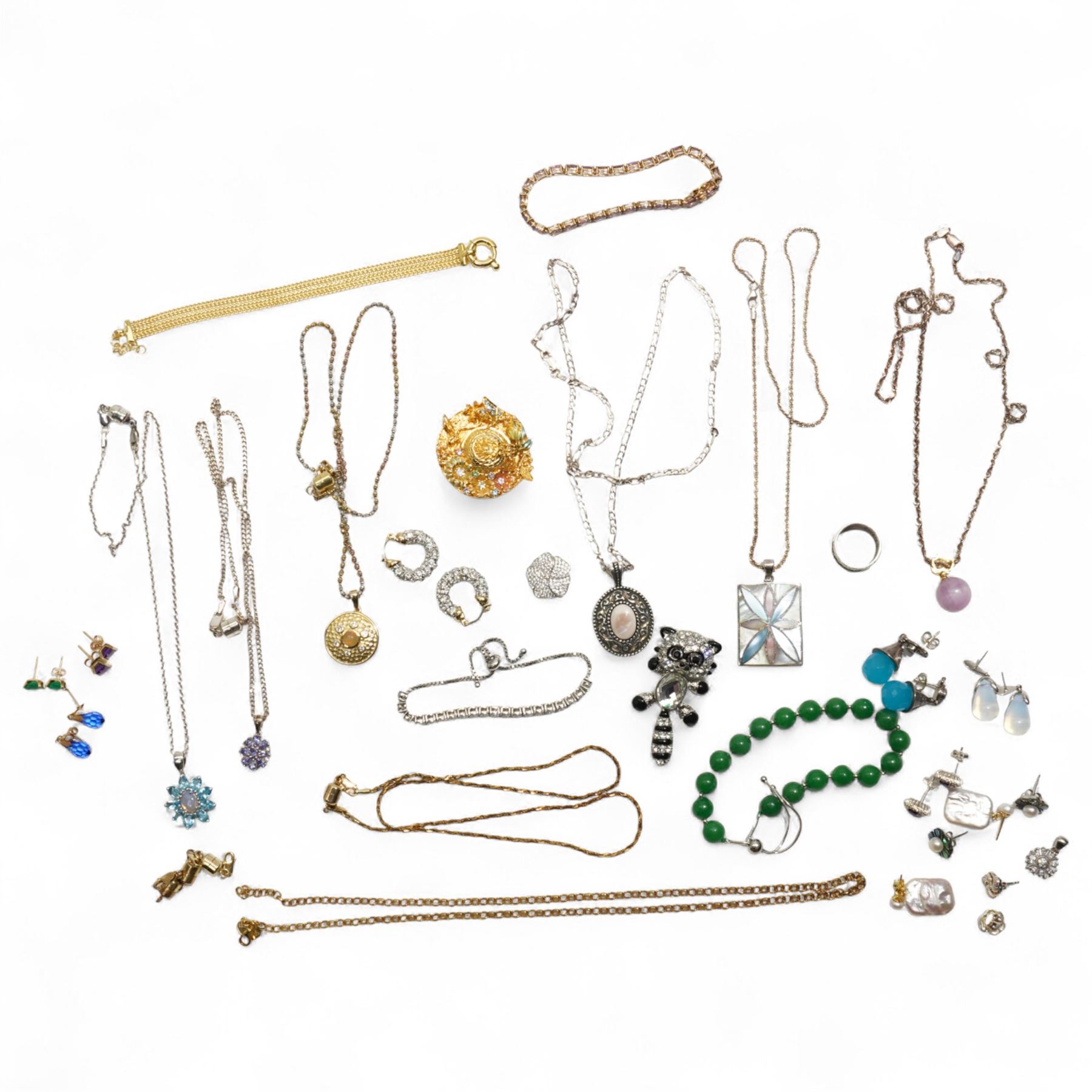 Three pairs of 9ct gold stone set stud earrings, collection of silver jewellery including eight necklaces, two stone set bracelets, earrings, a Kirks Folly brooch and other costume jewellery 