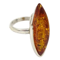 Silver marquise shaped Baltic amber adjustable ring, stamped 925