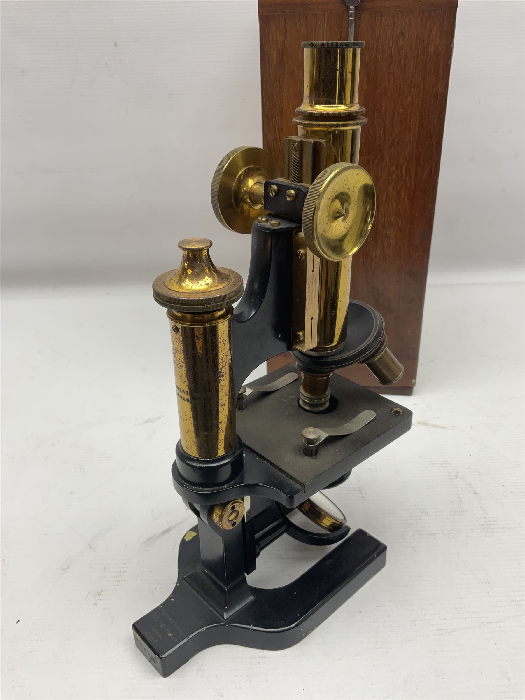 20th century W. Watson & Sons Kima microscope no. 118396 in original oak box, together with W. Watson & Sons Praxis microscope no. 18360, in original box  