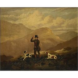 Attrib. Charles Henry Schwanfelder (British 1774-1837): Shooting on the Fells in the Lake District with Gun Dogs, pair oils on canvas unsigned 49cm x 59cm (2)
Provenance: from The Manor House, Marton-le-Moor, near Ripon, North Yorkshire - home A W Maynard Esq., celebrated breeder of shorthorn cattle, who lived here in the mid 19th century. The figure is reputedly one of the Maynard family.
Notes: Schwanfelder lived in Leeds and was patronised by George Lane-Fox (1793-1848) of Bramham Park, only 20 miles from Marton-le-Moor