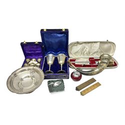 Hunting horn, with silver plated mounts, Ronson red glass table lighter, silver plated bowl, goblets and liquer glasses and other collectables