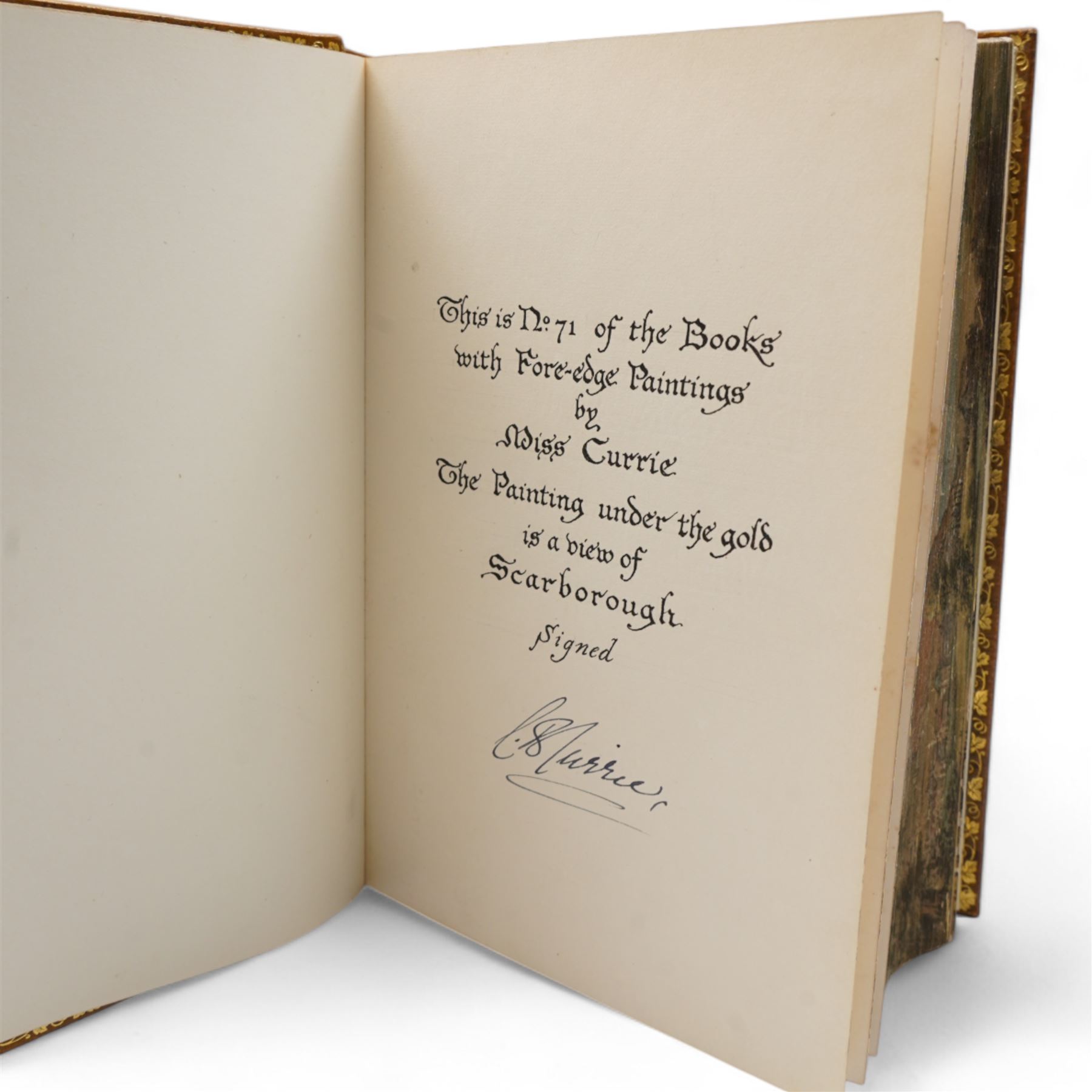 Norway, Arthur H - 'Highways and Byways in Yorkshire' illustrations by Joseph Pennell and Hugh Thomson, published Macmillan 1899, bound in tan morocco with gilt and black decoration to cover and spine, all edges gilt with a fore edge painting by C B Currie (Caroline Billin Curry) depicting a view of Scarborough.  The book is signed by Miss Currie and numbered '71'. The binding is by Sotheran & Co, London.  C B Currie produced around 170 fore edge paintings for Sotheran & Co between the two World Wars