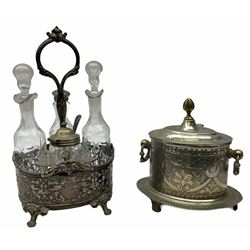 Two Georgian silver toddy ladles with baleen twist handles, (neither hallmarked), one with inset coin to bowl, together with a group of silver plate including cruet stand enclosing two glass bottles with stoppers, shaker and preserve pot with spoon, pair open salts with glass liners, etc. 