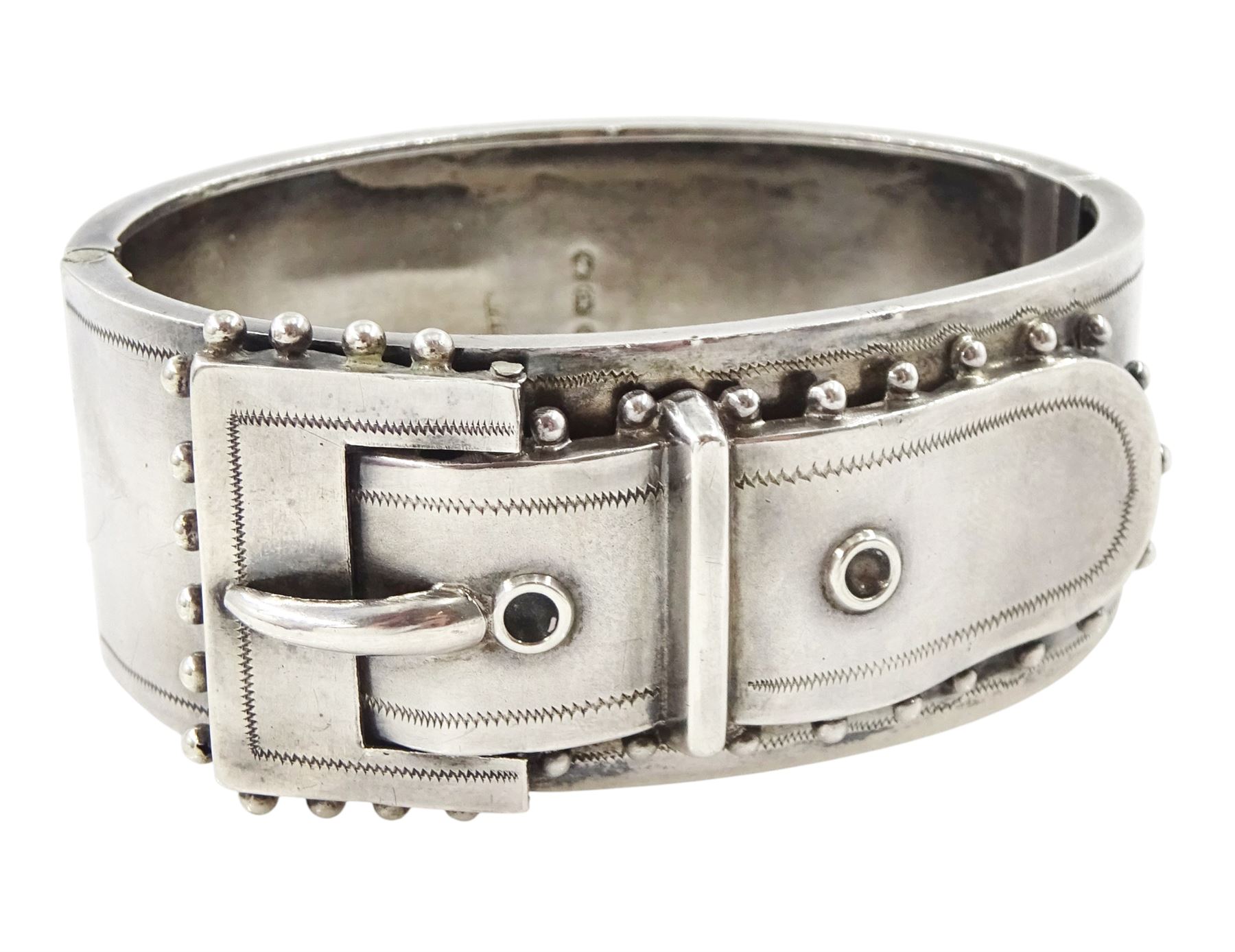 Victorian silver hinged buckle bangle by Robert James Dick, Birmingham, 1886 