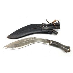  Kukri Knife, 28cm curved blade dot prick decorated with scrolls and India, shaped horn grip with nailed decoration and lions head pommel, L38.5cm, in black leather sheath with hanger  