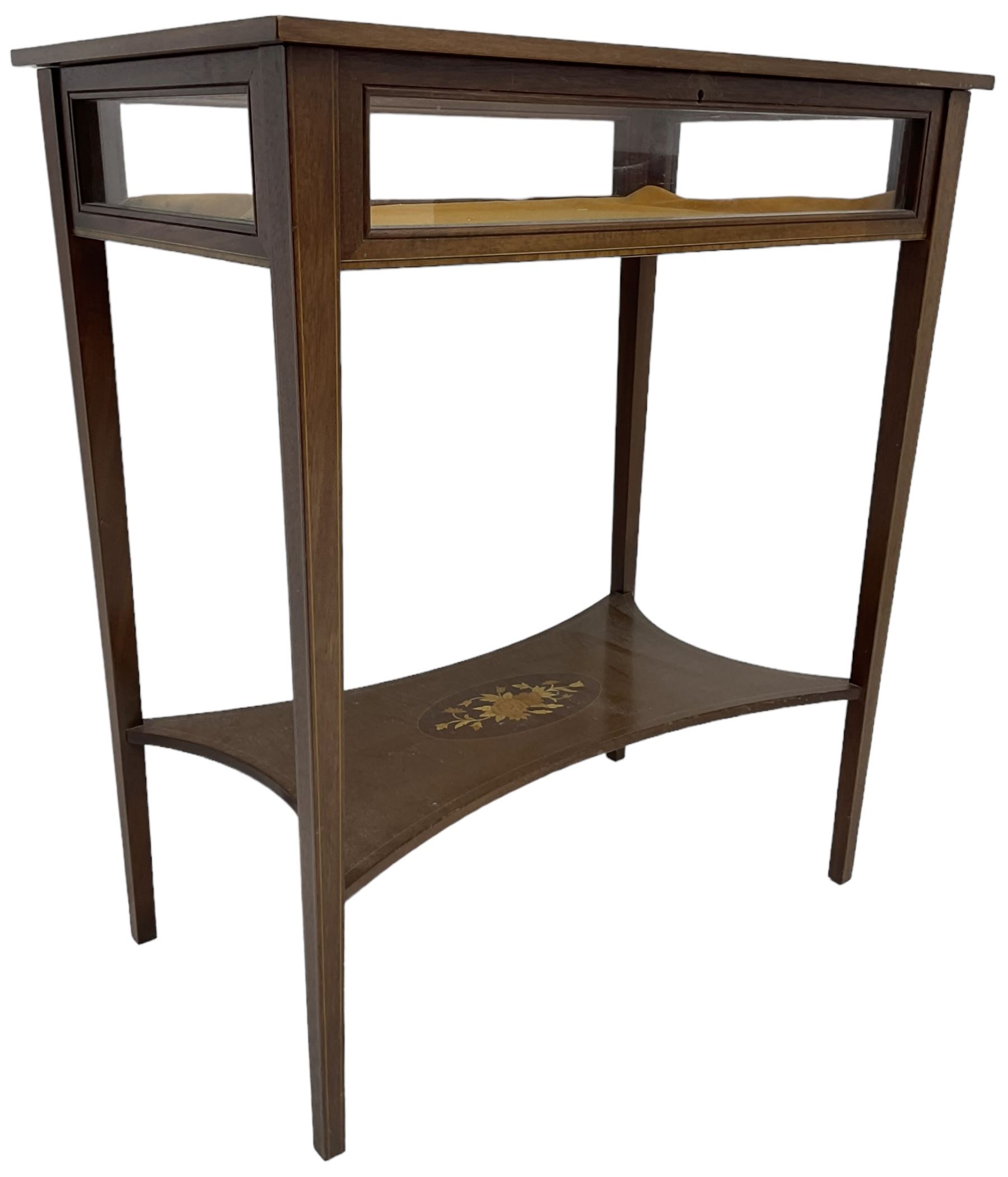 Edwardian Revival inlaid mahogany bijouterie display table, hinged bevel glazed lid within mahogany frame with satinwood band, on square tapering supports united by undertier inlaid with flowers 