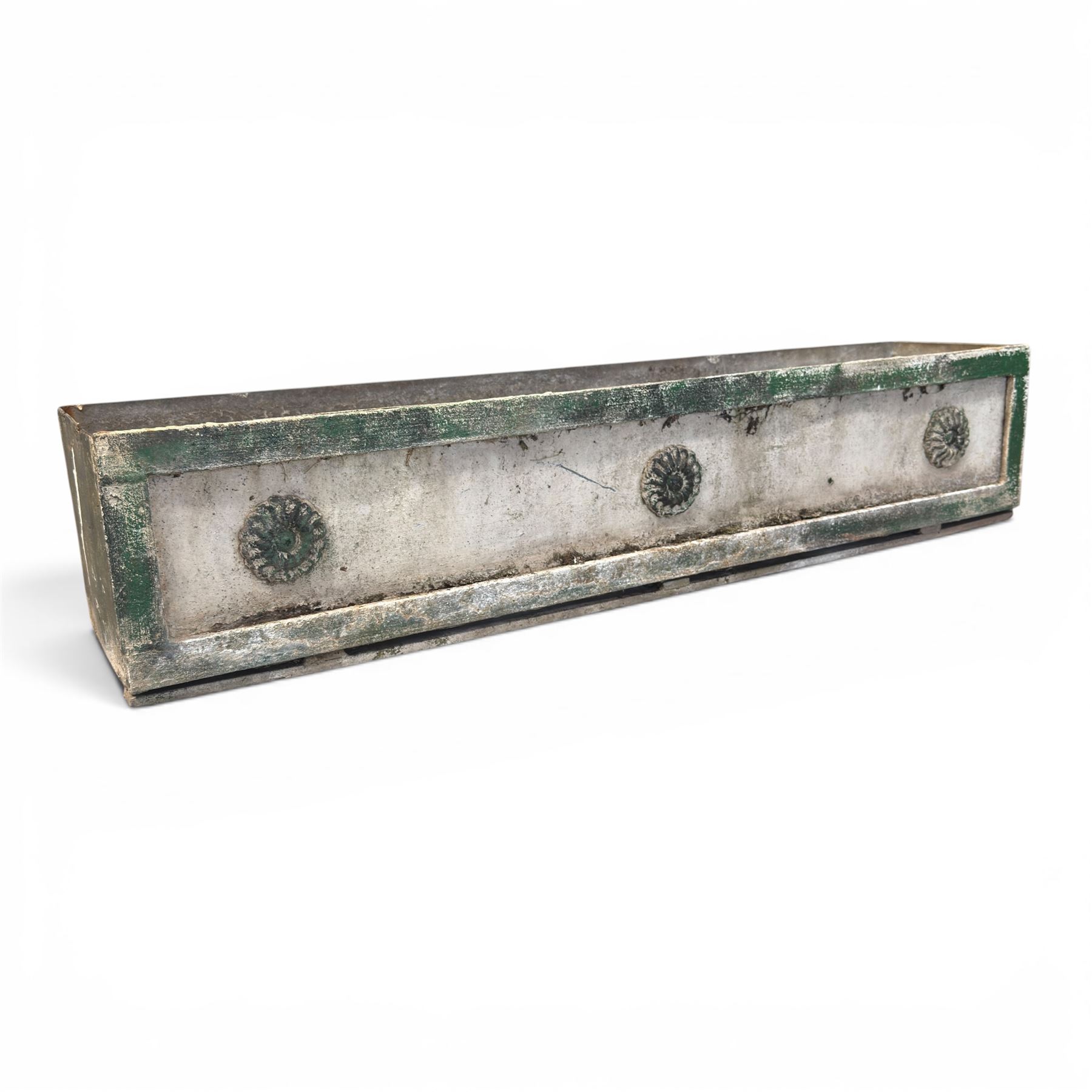 Early Victorian lead-fronted window box planter, of rectangular form with moulded borders and three applied flowerhead roundels, in distressed green finish