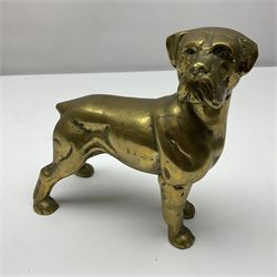 Three Border Fine Arts figures including Boxer with Pups, Capodimonte figure of a drunken pirate, and a brass dog (5)